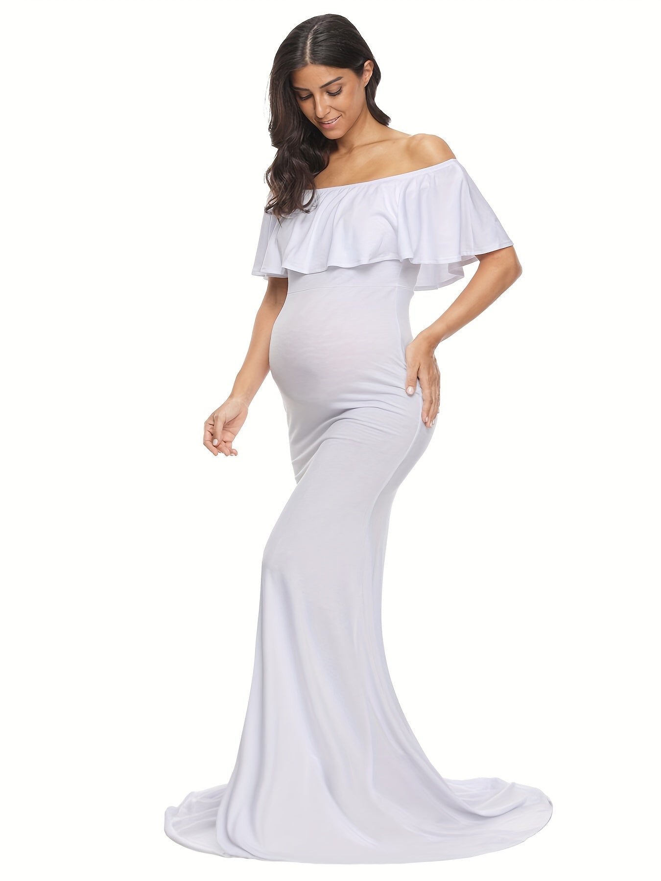 Womens Off Shoulder Maternity Dress Ruffles Elegant Slim Gowns Fit Maxi Photography Dress