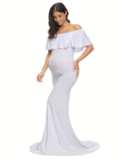 Womens Off Shoulder Maternity Dress Ruffles Elegant Slim Gowns Fit Maxi Photography Dress
