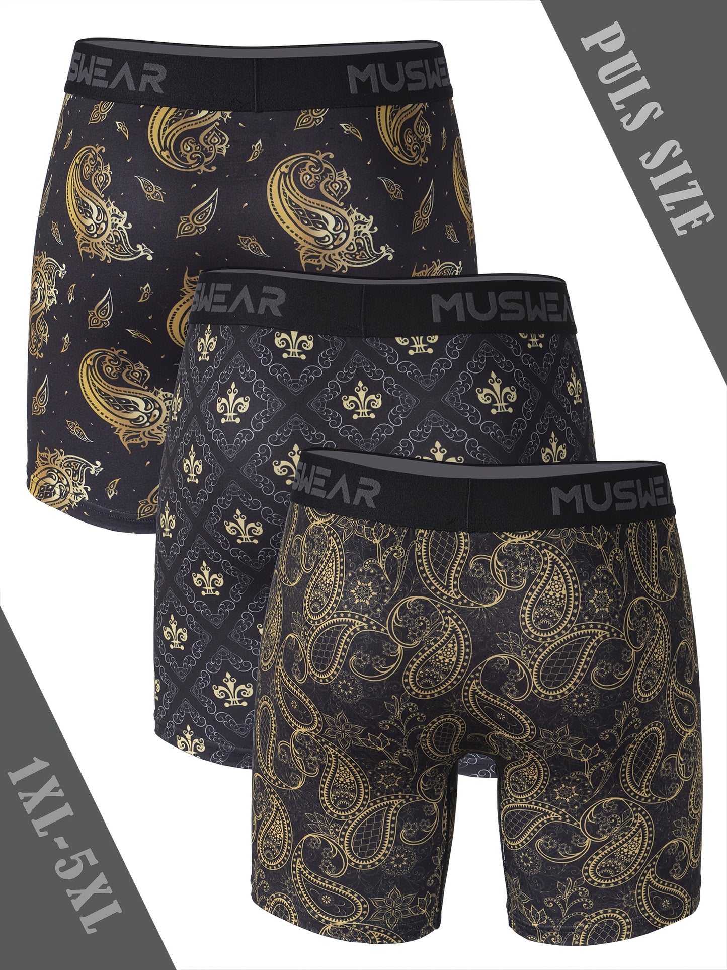 Set of 3 MUSWEAR Men'S Plus Size Boxer Briefs - Designed to Wick Moisture, Dry Quickly, Featuring a Long Print for Sports, Equipped with a Side Zipper, in a Baroque Design, Available in Plus Sizes