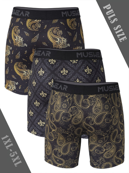 Set of 3 MUSWEAR Men'S Plus Size Boxer Briefs - Designed to Wick Moisture, Dry Quickly, Featuring a Long Print for Sports, Equipped with a Side Zipper, in a Baroque Design, Available in Plus Sizes