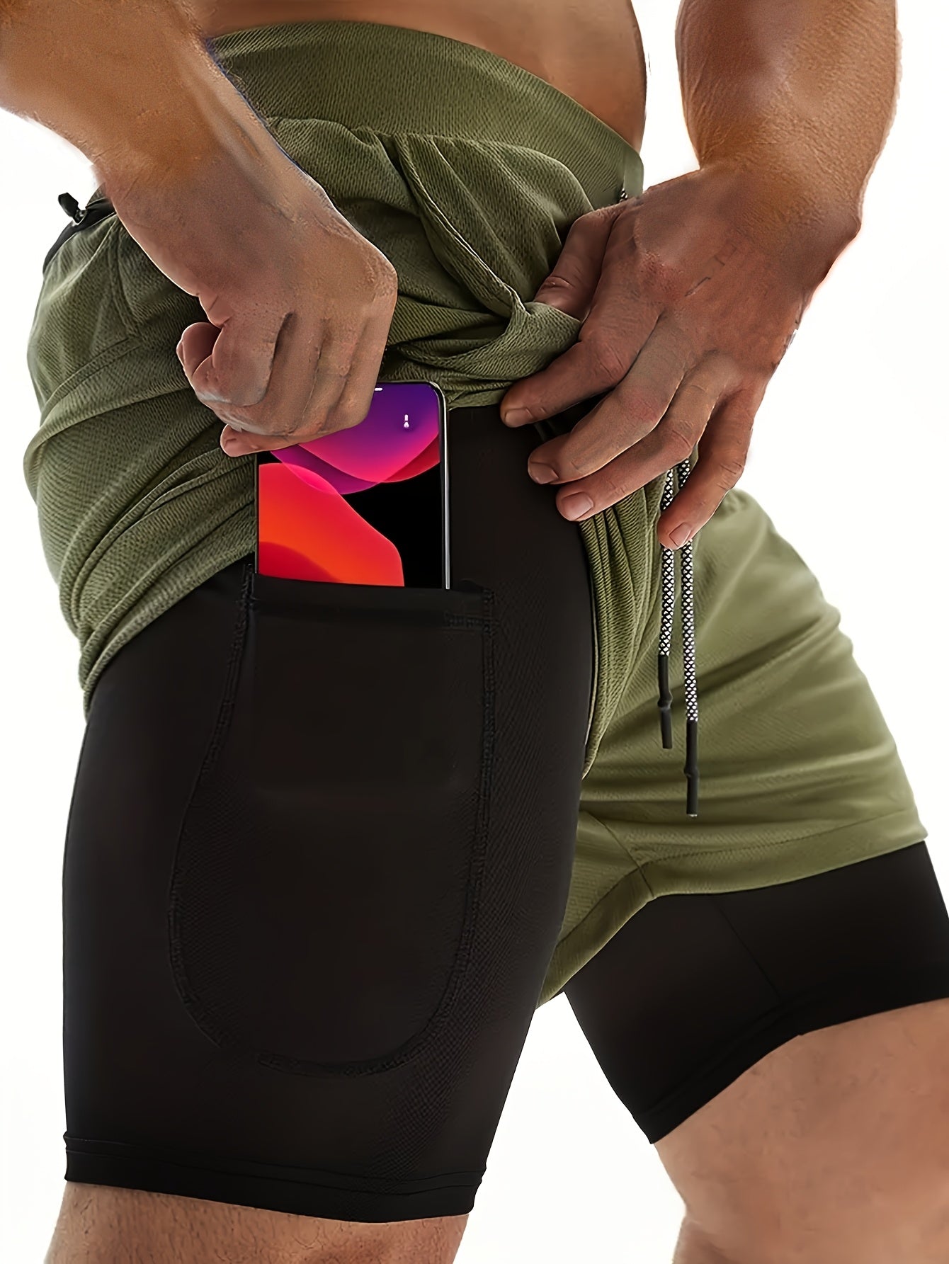 3pcs Men's 2-in-1 Double-layer Shorts with Inner Pocket, High Stretch Sports Shorts, Suitable for Summer Running, Gym Exercise And Training