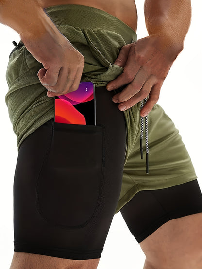 3pcs Men's 2-in-1 Double-layer Shorts with Inner Pocket, High Stretch Sports Shorts, Suitable for Summer Running, Gym Exercise And Training