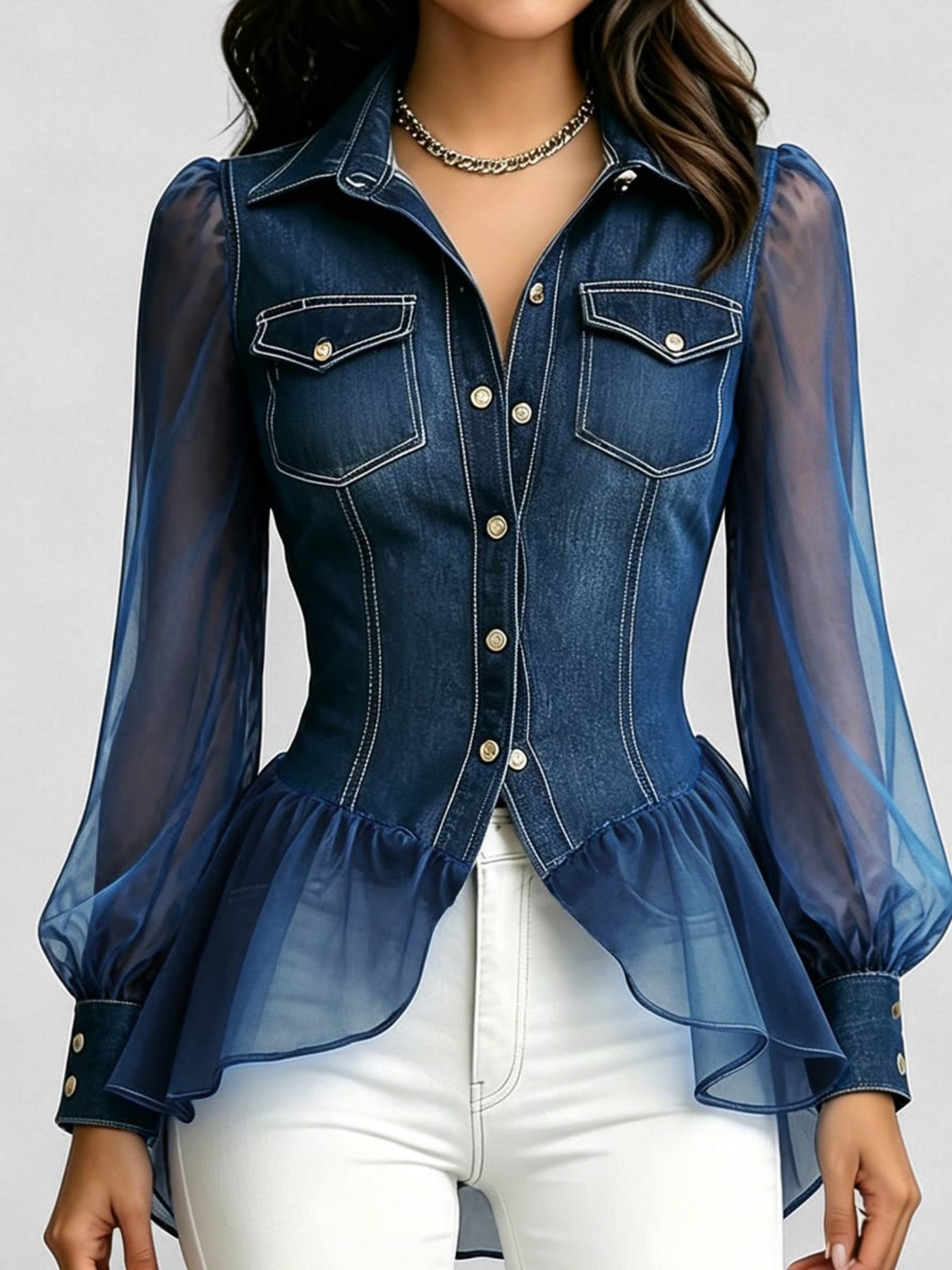 [Elegant Denim Tulle Jacket] Women's Elegant Summer Blue Denim and Tulle Patchwork Long-Sleeve Ruffle Jacket