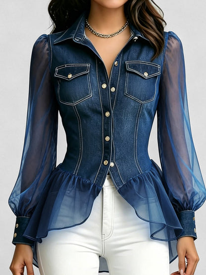[Elegant Denim Tulle Jacket] Women's Elegant Summer Blue Denim and Tulle Patchwork Long-Sleeve Ruffle Jacket
