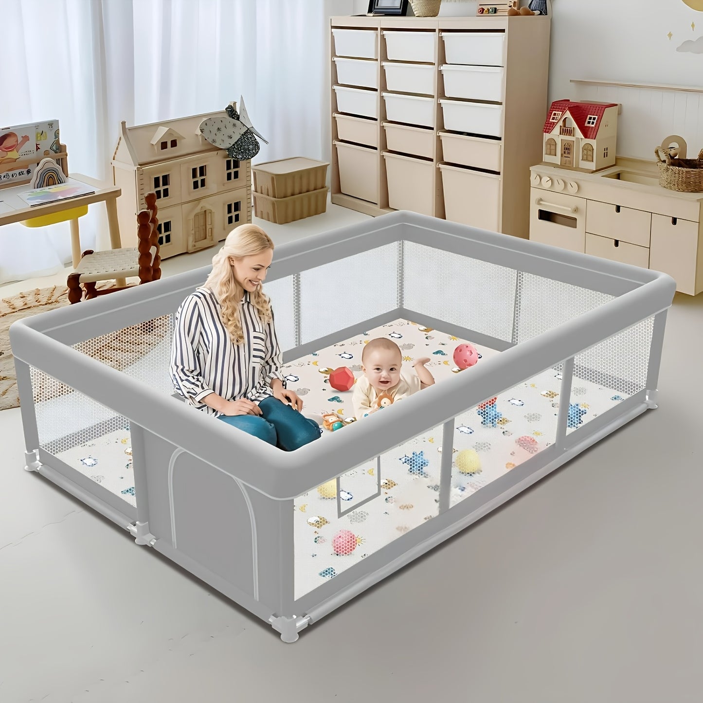 Large 71X71 Inch Beige Baby Playpen - Sturdy Safe Kids Activity Center with Soft Breathable Mesh, Indoor/Outdoor Playpen for Toddlers, Easy Assembly, Durable Playpen for Birthday And Christmas Gifts, Fits Growth Needs