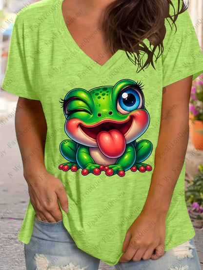 Plus Size - Plus Size - Plus Size Women'S Cute Frog Print V-Neck T-Shirt - Soft Stretchy Breathable Black Top with Green & Blue Cartoon Frog Design, Loose Fit Casual Short Sleeve Shirt for Spring Summer Casual Attire, Comfortable Plus Size Women'S Fashion