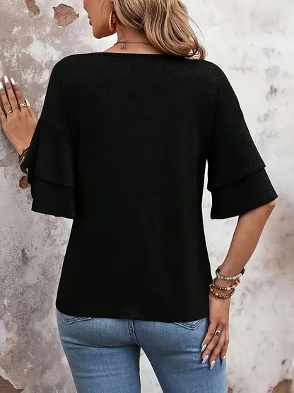 Layered Flared Sleeve V-neck T-shirt, Suitable for Spring And Summer, Soft And Comfortable Daily Casual Solid Color Top for Women's Clothing