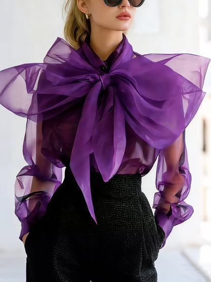 Women's Purple Sheer Chiffon Oversized Bow Neck Blouse - Elegant Fashion Long Sleeve Transparent Shirt for Date Night Party Casual Chic Top