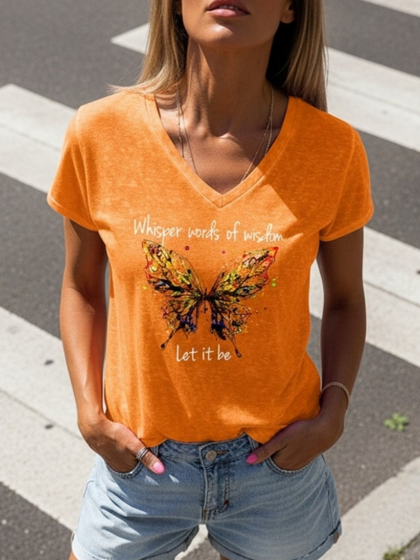 Women's V-Neck Short Sleeve T-Shirt Colorful Butterfly& "Whisper Words Of Wisdom" Print Casual Tee