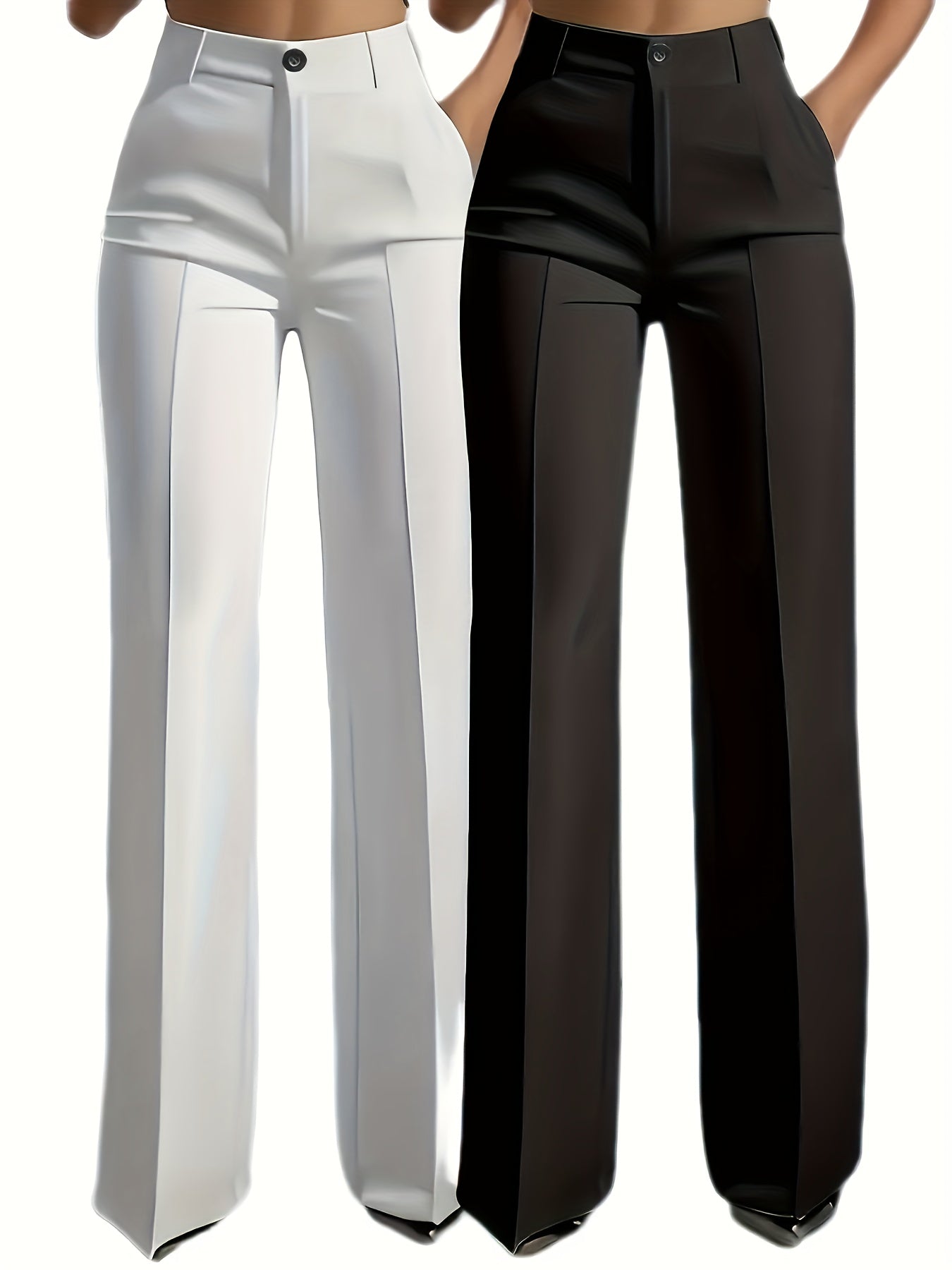 2pcs Set of Women'S Elegant Solid Color Slanted Pocket Straight Leg Pants, Suit Pants, Women'S Work Pants, Office Wear, Solid Color, Machine Washable