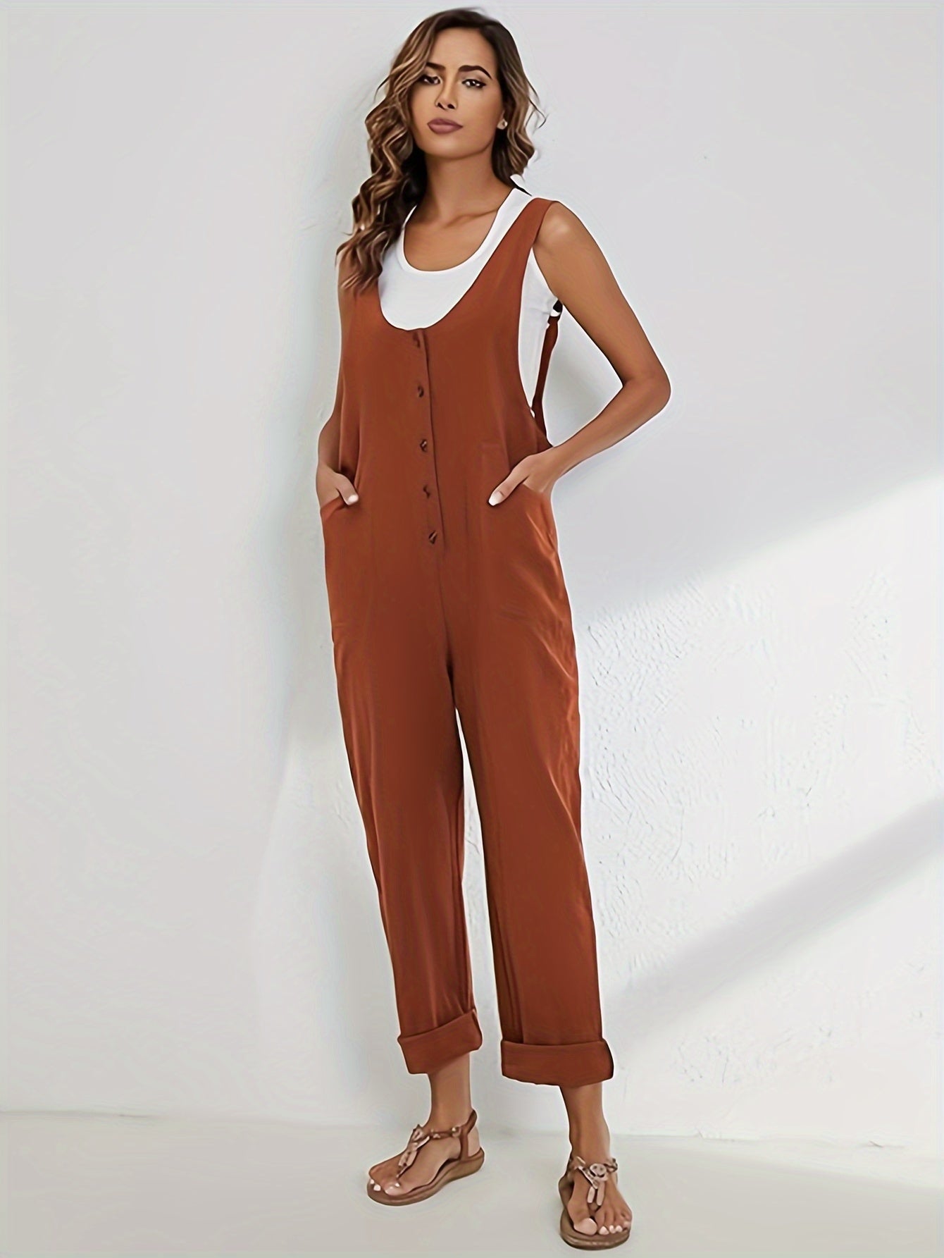 Women'S Overalls Linen Jumpsuits Loose Casual Jumpers with Pockets