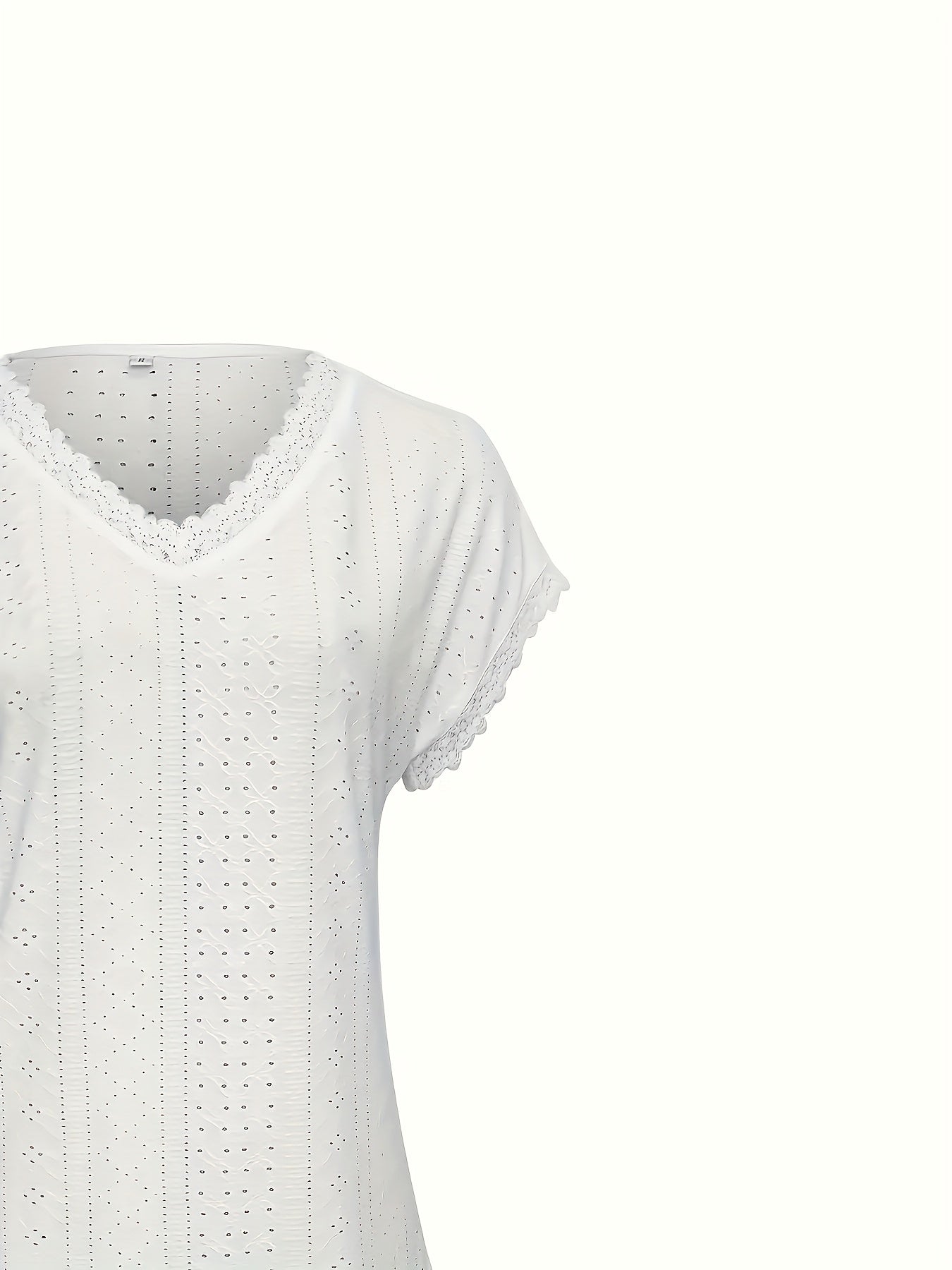 Casual Wear] Women'S Elegant Eyelet Lace V-Neck Blouse - Casual Boho Chic Short Sleeve, Breathable - Blend, Solid Color With Delicate Lace Trim, Perfect For Spring/Summer