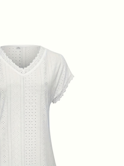 Casual Wear] Women'S Elegant Eyelet Lace V-Neck Blouse - Casual Boho Chic Short Sleeve, Breathable - Blend, Solid Color With Delicate Lace Trim, Perfect For Spring/Summer
