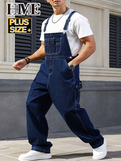 [ HME ] Men'S Workwear Plus Size Camisole Jumpsuit Denim Overalls, New Autumn And Winter Styles, Loose Straight Leg Jumpsuit Jeans, Street Trend Retro Style, Fashionable Casual Commuting Workwear Jumpsuit