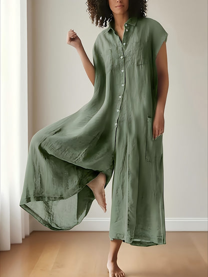 Women's Green V-Neck Pleated Jumpsuit - product view 9