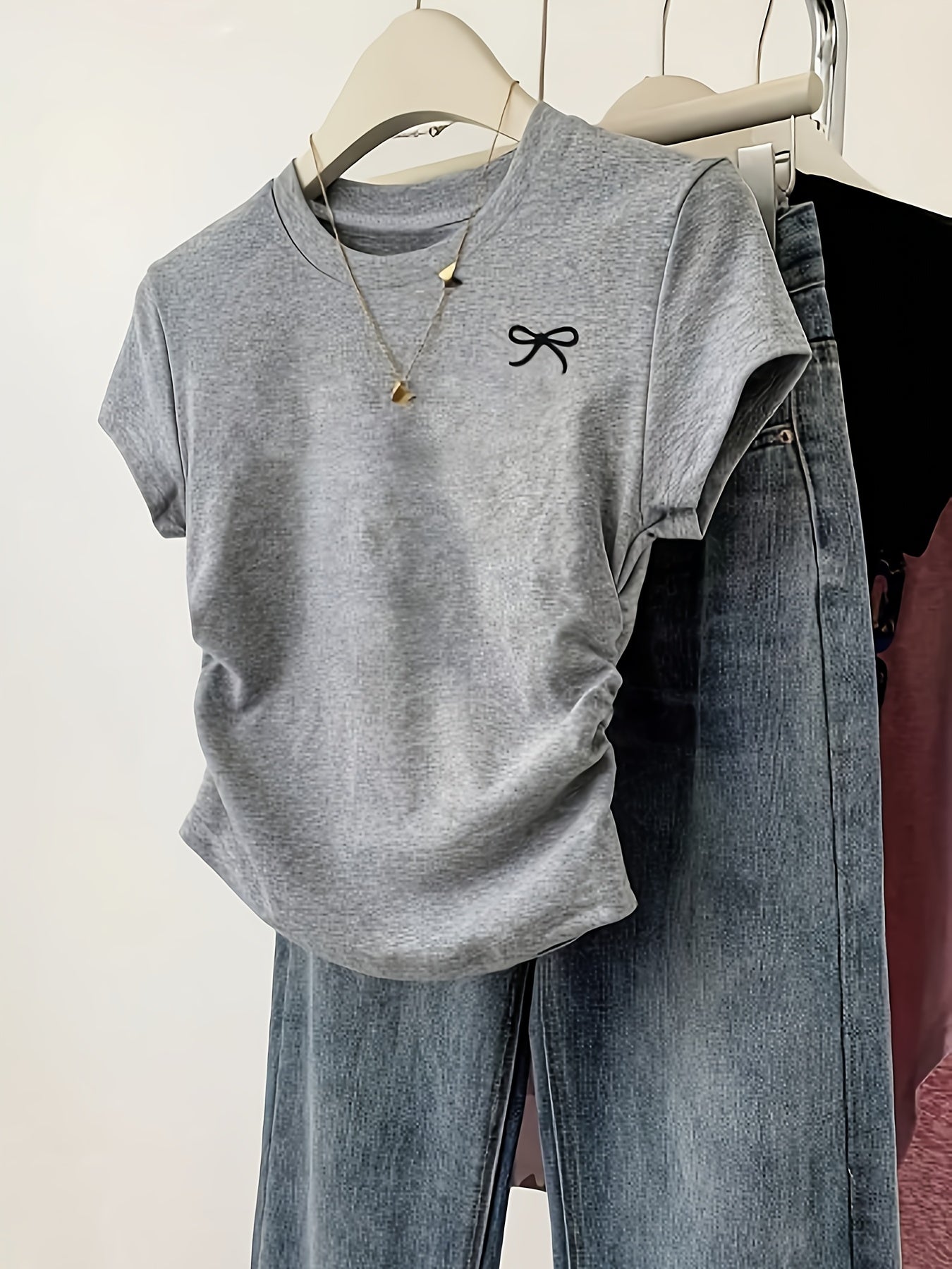 3pcs Pleated Round Neck Short Sleeve Bow Print Casual Versatile T-Shirt Top