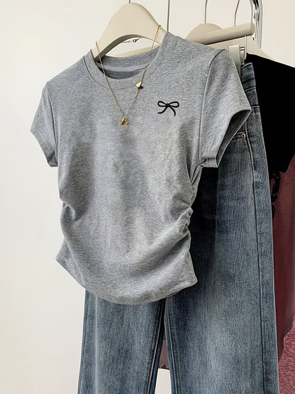 3pcs Pleated Round Neck Short Sleeve Bow Print Casual Versatile T-Shirt Top