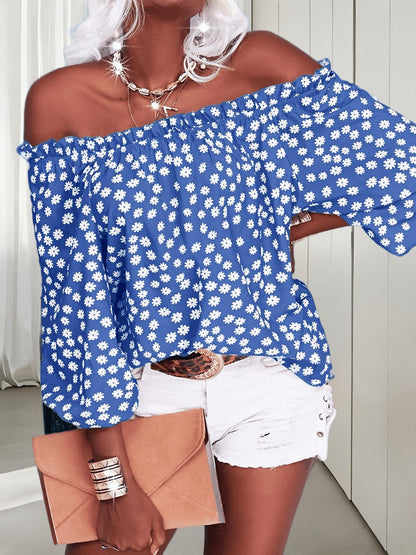 Womens Summer Off Shoulder Blouse Floral Print 3/4 Sleeve Casual Chiffon Tops Shirts