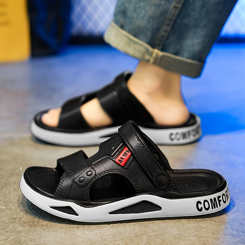 RECOMFOX Men'S EVA Slides - Comfortable, Non-Slip, Open-Toe Slippers with Arch Support for Indoor & Outdoor Use - Stylish Black with Red Accents for Beach, Shower, and Casual Wear
