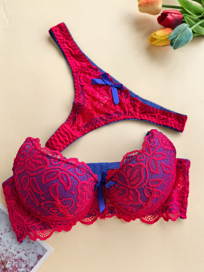 High-Quality French Lace Sexy Women'S Bra And Thong Panty Set with Exquisite Deep V Neckline