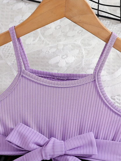 Spring/Summer Kids' Casual Camisole Dress with Cute Cat Print, Comfortable Long Sleeve Sweet Fashion Dress + Belt for Little Girls