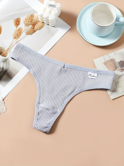 8pcs Solid Ribbed Label Patched Thongs, Sexy Comfy Breathable Stretchy Intimates Panties, Women'S Lingerie & Underwear