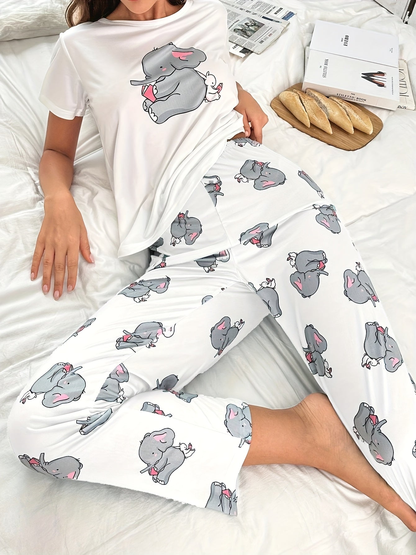 Plus Size, Women's Size Cute Elephant Print Short Sleeve Pajama Top - Size Friendly Breathable Nightshirt, Round Neck Sleep Blouse, Machine Washable Spring Summer Fall Lounge Wear (Only Top Sold) for Home & Outdoors - Casual Pajamas for Women