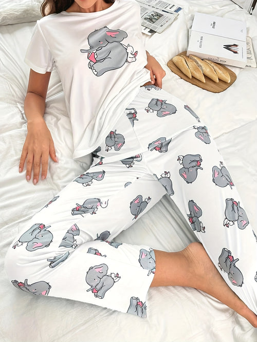 Plus Size, Women's Size Cute Elephant Print Short Sleeve Pajama Top - Size Friendly Breathable Nightshirt, Round Neck Sleep Blouse, Machine Washable Spring Summer Fall Lounge Wear (Only Top Sold) for Home & Outdoors - Casual Pajamas for Women