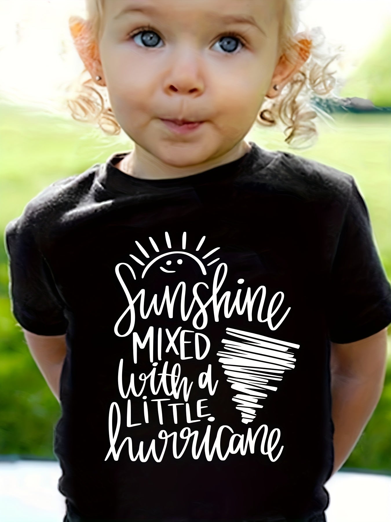 Girls "SUNSHINE MIXED WITH A LITTLE HURRICANE" Print 100% Short Sleeve T-Shirt, Comfy Casual Tees for Girls Summer