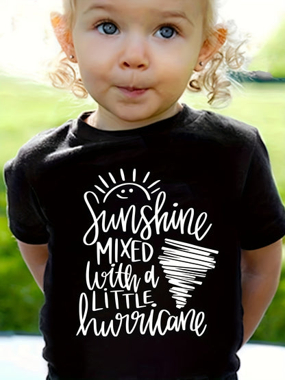 Girls "SUNSHINE MIXED WITH A LITTLE HURRICANE" Print 100% Short Sleeve T-Shirt, Comfy Casual Tees for Girls Summer