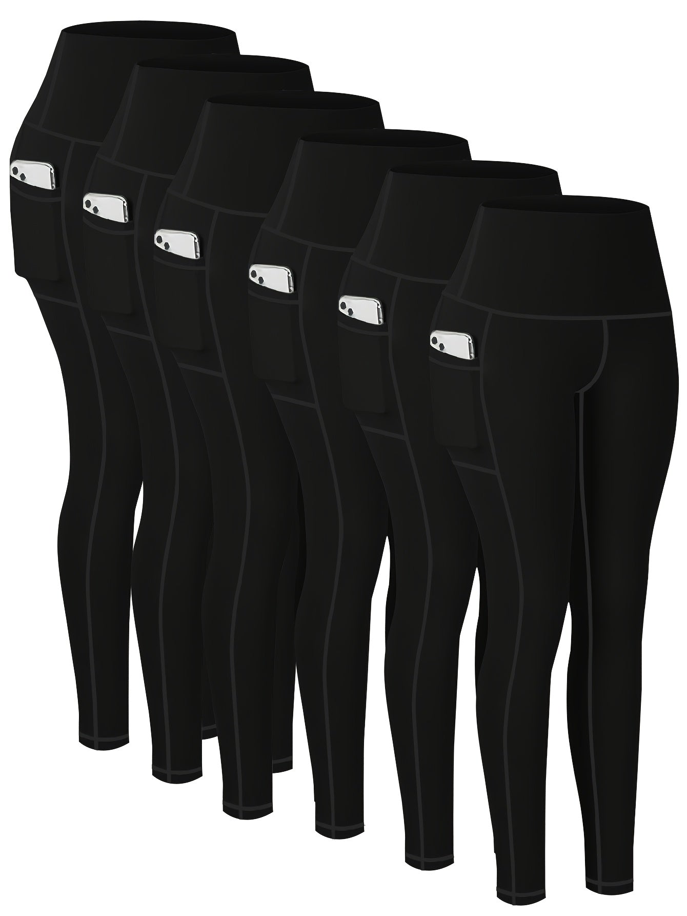 Plus Size 6pcs Set Women's Pockets Yoga Pants, Fitness Running Compression Leggings Butt Lift High Waisted Tummy Control Slimming Yoga Pants WithPockets, Workout Running