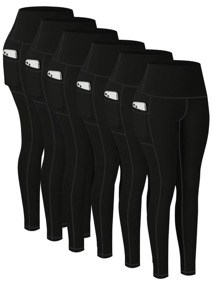 Plus Size 6pcs Set Women's Pockets Yoga Pants, Fitness Running Compression Leggings Butt Lift High Waisted Tummy Control Slimming Yoga Pants WithPockets, Workout Running