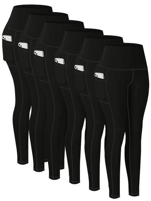 Plus Size 6pcs Set Women's Pockets Yoga Pants, Fitness Running Compression Leggings Butt Lift High Waisted Tummy Control Slimming Yoga Pants WithPockets, Workout Running