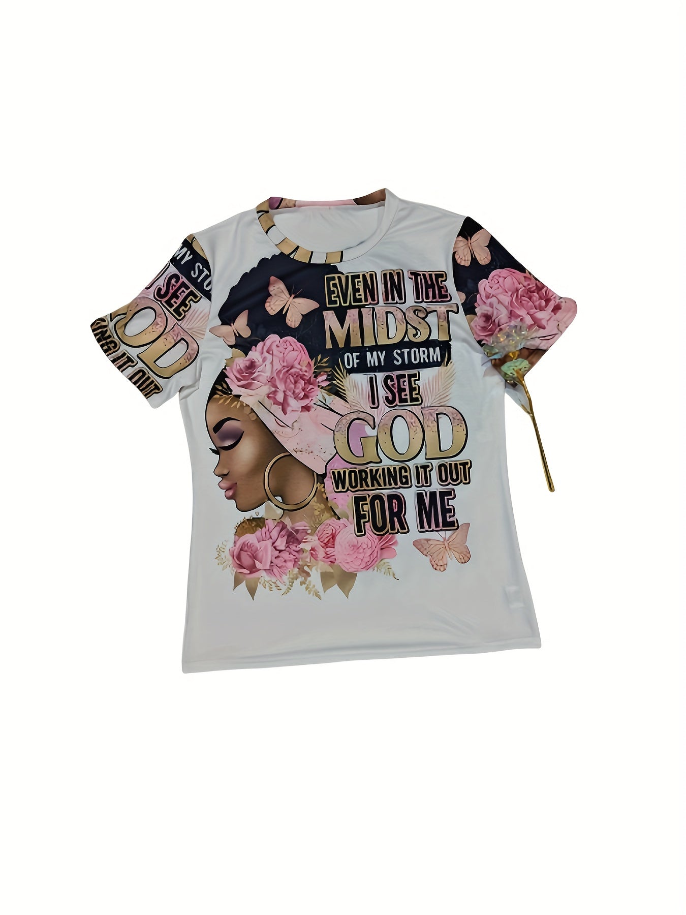 Plus Size - Plus Size, Women'S Faith-Inspired Christian T-Shirt with "Even in the Midst of My Storms I See God Working It Out for Me" Bible Verse - Soft Breathable Round Neck Short Sleeve Casual Top, Inspirational Letter Print & Floral Design for Sp