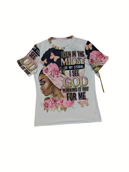 Plus Size - Plus Size, Women'S Faith-Inspired Christian T-Shirt with "Even in the Midst of My Storms I See God Working It Out for Me" Bible Verse - Soft Breathable Round Neck Short Sleeve Casual Top, Inspirational Letter Print & Floral Design for Sp