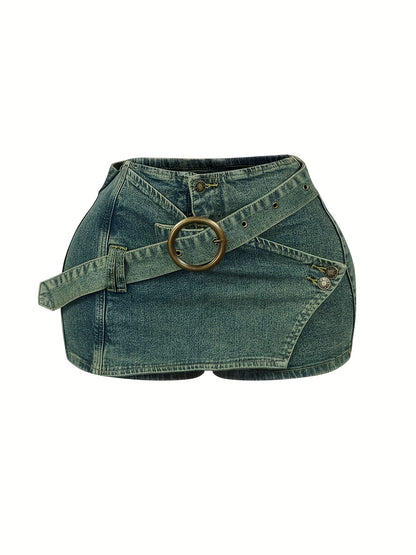Casual Y2K Mini Skirt with a High Waist And Denim Buckle Belt, Perfect for Parties And Clubs