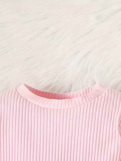 2pcs Of Baby Girl Winter Pink Bow Flared Sleeve Jumpsuit with Butterfly Print Flared Pants And Pants Casual Set, Perfect for Outdoor