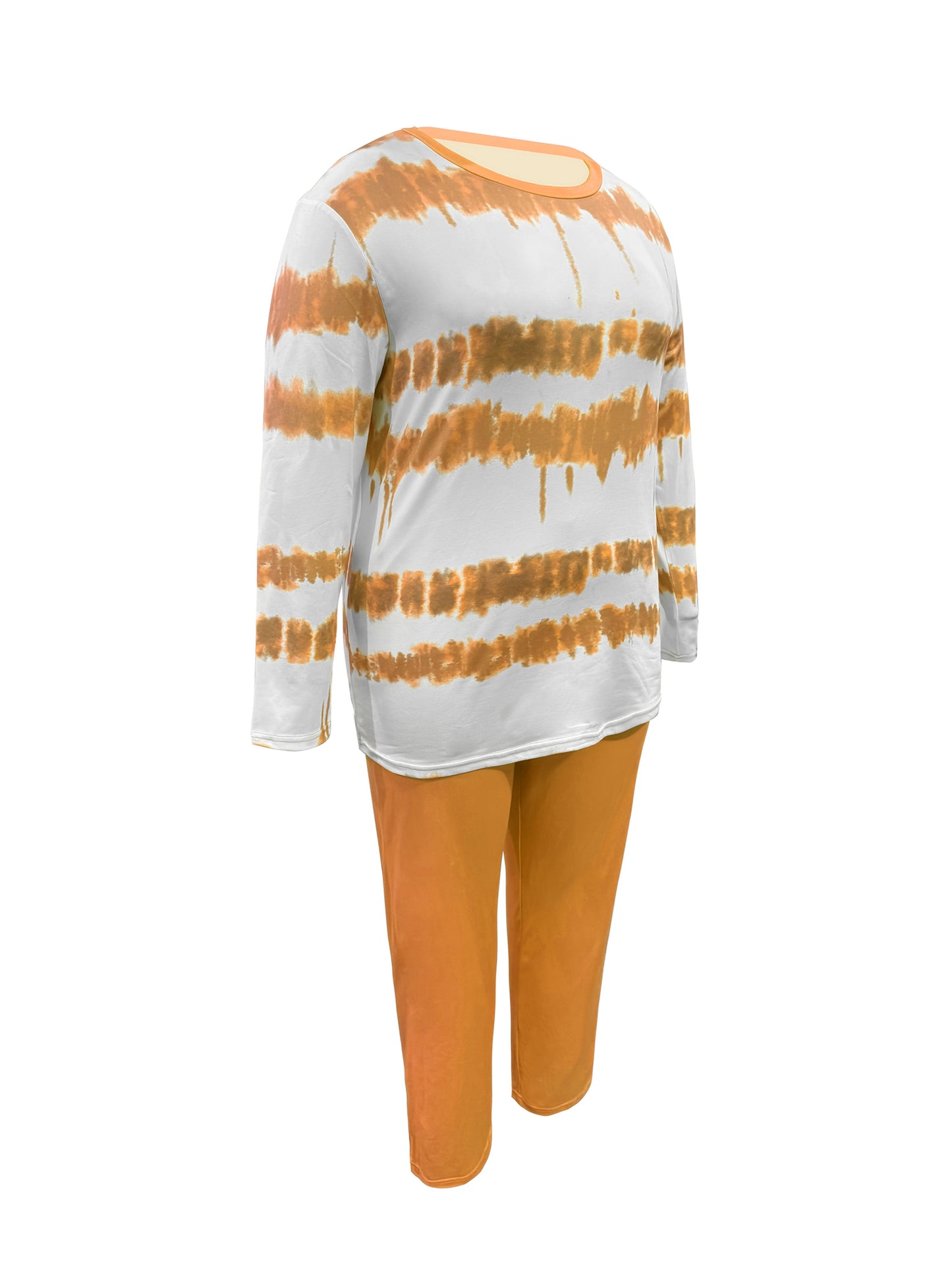 Plus Size - Plus-size Fashion Tie-dye Striped Print Long-sleeved Trousers Suit, Suitable For Going Out