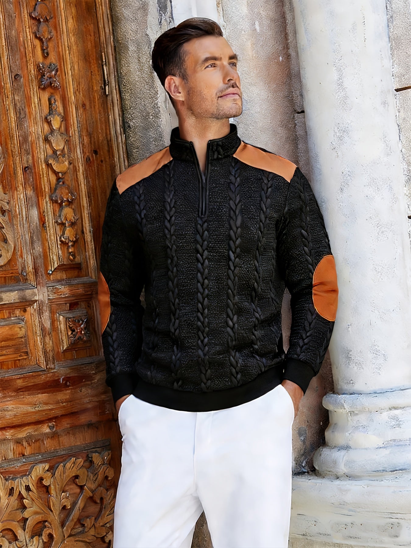 Casual Top for Men in Autumn/Winter, Featuring a Textured Wheat Pattern Fabric, Contrasting Ribbed Edges, And a Zippered Long-Sleeve Henley Design. an Ideal Present for New Year, Valentine'S Day, Or for Your Husband