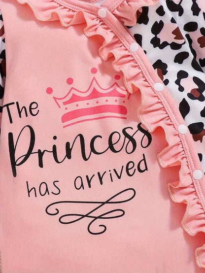 Pink Leopard Print "The Princess Has Arrived" Onesie with Matching Hat for Youngsters - Cozy Knitted Fabric, Casual Style, Regular Fit, Perfect for Fall/Winter, for Outdoor, Perfect for Outdoor