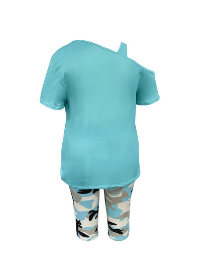 Plus Size - Ladies Plus Size Daily Casual One-Shoulder Short Sleeve Two-Piece Outfit, Diagonal Shoulder Design, Slim Fit Camouflage Pants Suit With Letter Print.