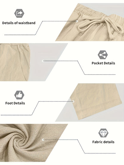 Men'S Casual Linen Hooded 2pcs Set, Short Sleeve Drawstring Henley Shirt And Wide Leg Pants, Breathable Non-Stretch Fabric, Loose Fit for Vacation, Home And Outdoor, Multi-Color Options