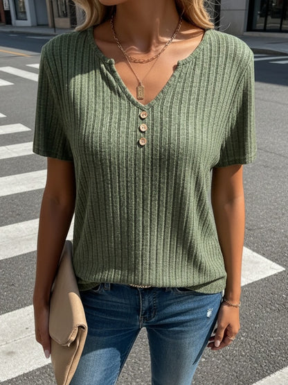 Elegant Spring/Summer Women's V-Neck T-Shirt with Chic Button Detail, Casual Ribbed Short Sleeve Top, Stretch Polyester, Machine Washable, Suitable for Everyday Style, Loose Fit