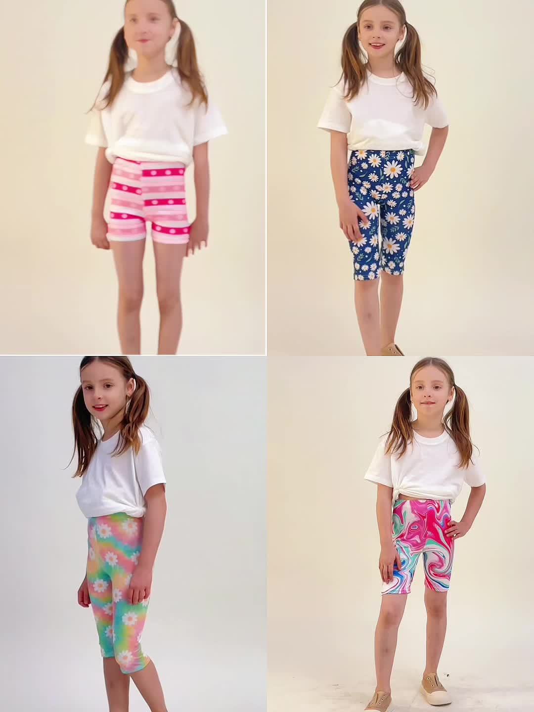 10pcs Bermuda Random Print Girls' Stretchy Soft Polyester/Spandex Blend Flat Waist Shorts - Versatile And Comfortable Casual Wear for Spring/Summer/Fall, for Outdoor