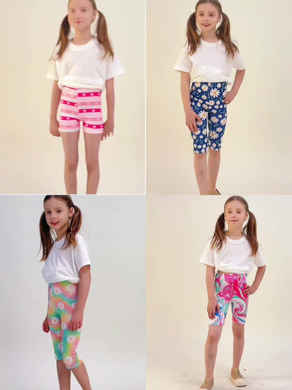 10pcs Bermuda Random Print Girls' Stretchy Soft Polyester/Spandex Blend Flat Waist Shorts - Versatile And Comfortable Casual Wear for Spring/Summer/Fall, for Outdoor