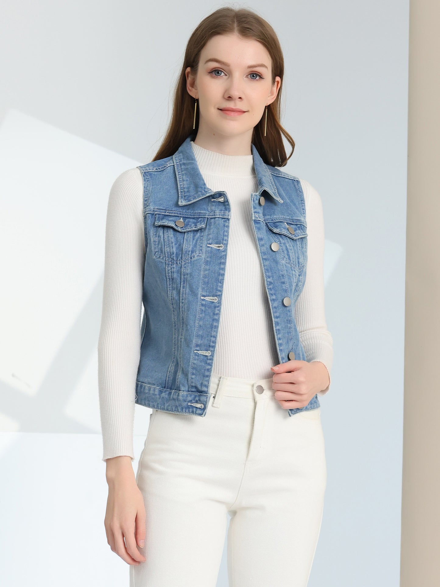 Women's Buttoned Washed Denim Vest Jacket W Chest Flap Pockets