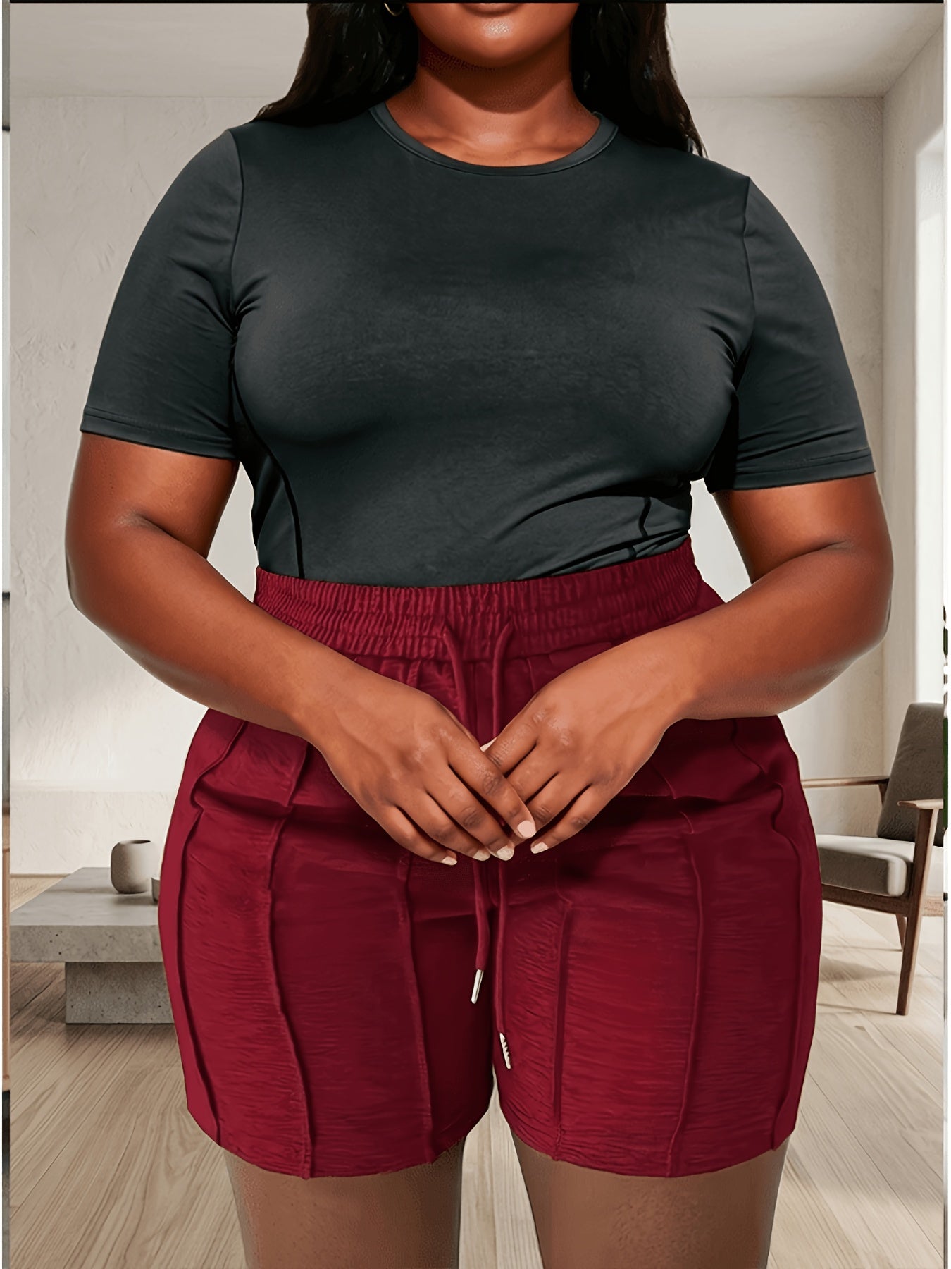 Plus Size, (4pcs 97894 Solid Color Drawstring Shorts, Casual Elastic Waistband, Spring/Summer Women's Wear, Casual Style, Spring/Summer/Autumn)
