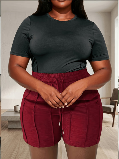 Plus Size, (4pcs 97894 Solid Color Drawstring Shorts, Casual Elastic Waistband, Spring/Summer Women's Wear, Casual Style, Spring/Summer/Autumn)