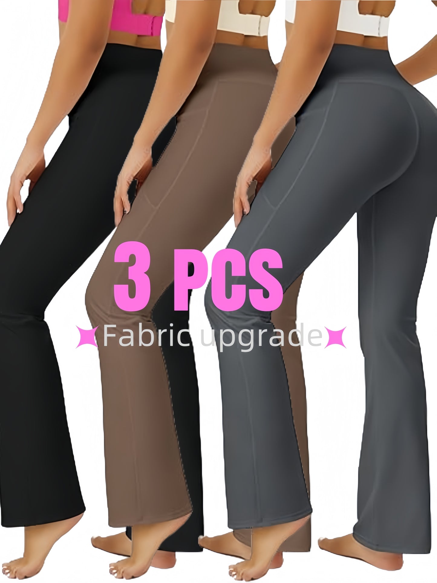 Set of 3 Ultra Comfortable High-Rise Flared Trousers - Women'S Tummy Shaping Bootcut Leggings Featuring Pockets