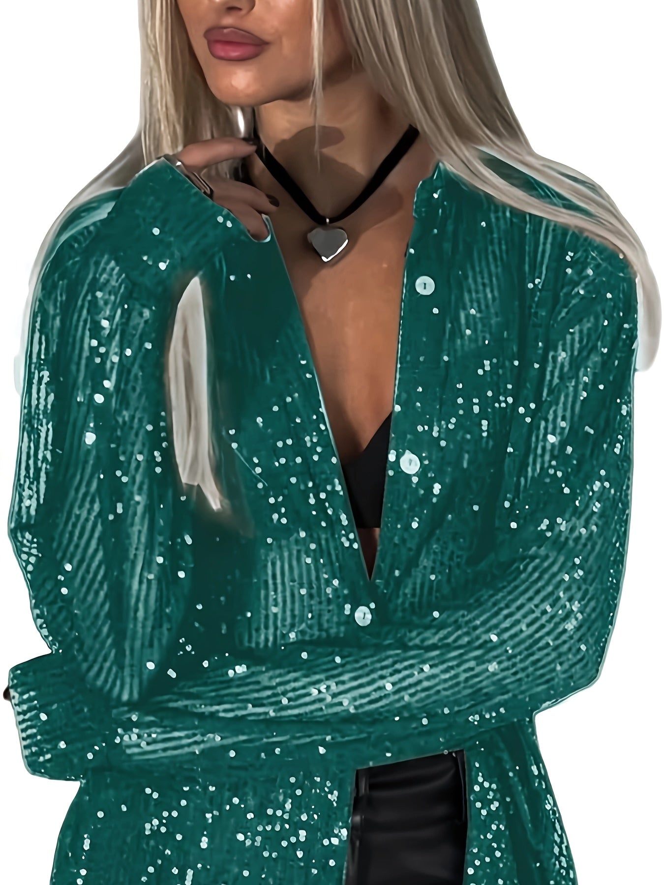 Ladies' Long-Sleeve Collared Shirt with Sequins, Featuring a Button- Open Front, Loose Fit Blouses, And Tops